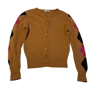 Veeko 100% LAMBSWOOL Cardigan Sweater Womens S Argyle Sleeve Preppy Academia EUC